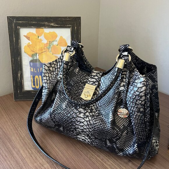 Brahmin Handbags - Authentic Brahmin Black & Grey Elisa Snake Print Leather 2-Way Hobo Shoulder Bag